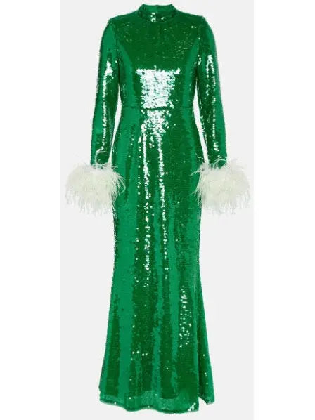 Sequined Feather-Trimmed Gown, Green - Branna Couture