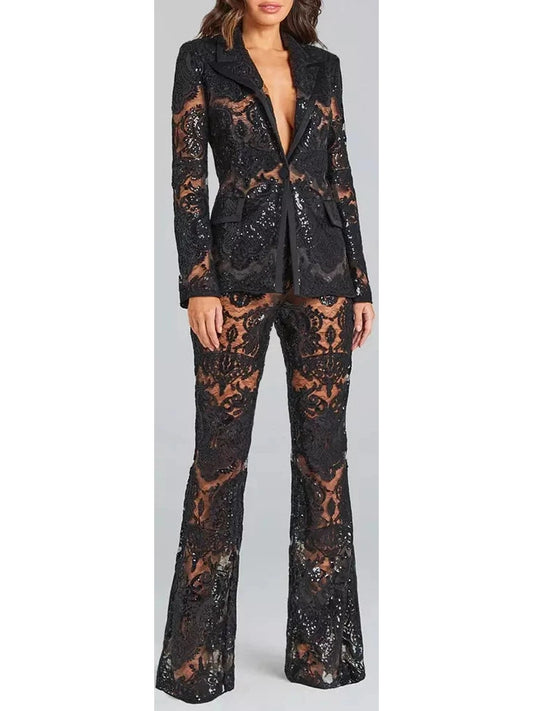 Sequined Sheer Lace Blazer and Pant Suit in Black - Branna Couture