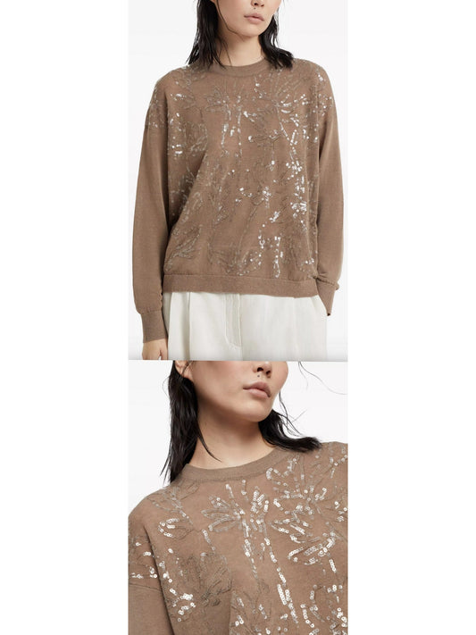 Sequined Wool, Cashmere and Silk Sweater in Beige - Branna Couture