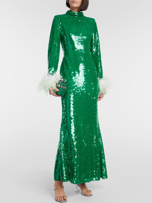 Sequined Feather-Trimmed Gown, Green