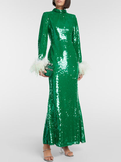 Sequined Feather-Trimmed Gown, Green