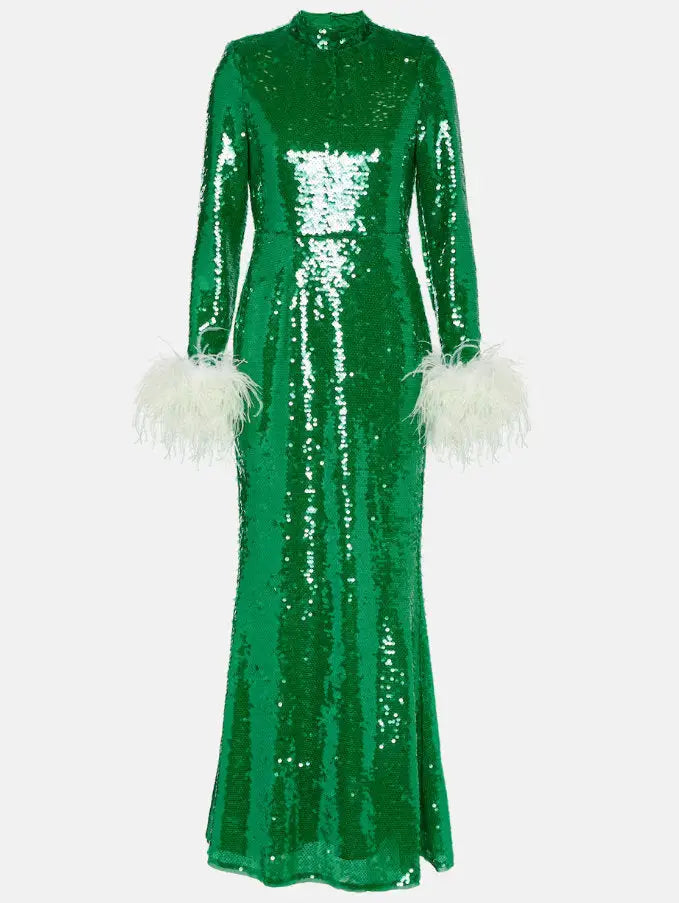 Sequined Feather-Trimmed Gown Green - Dresses