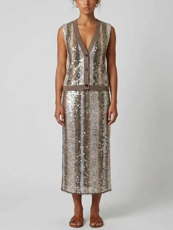Sequin knit Stripe Vest and Skirt Set - Small - Suits & Sets