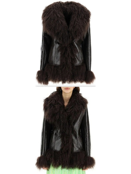 Shearling-Fringed Leather Jacket, Black - Branna Couture