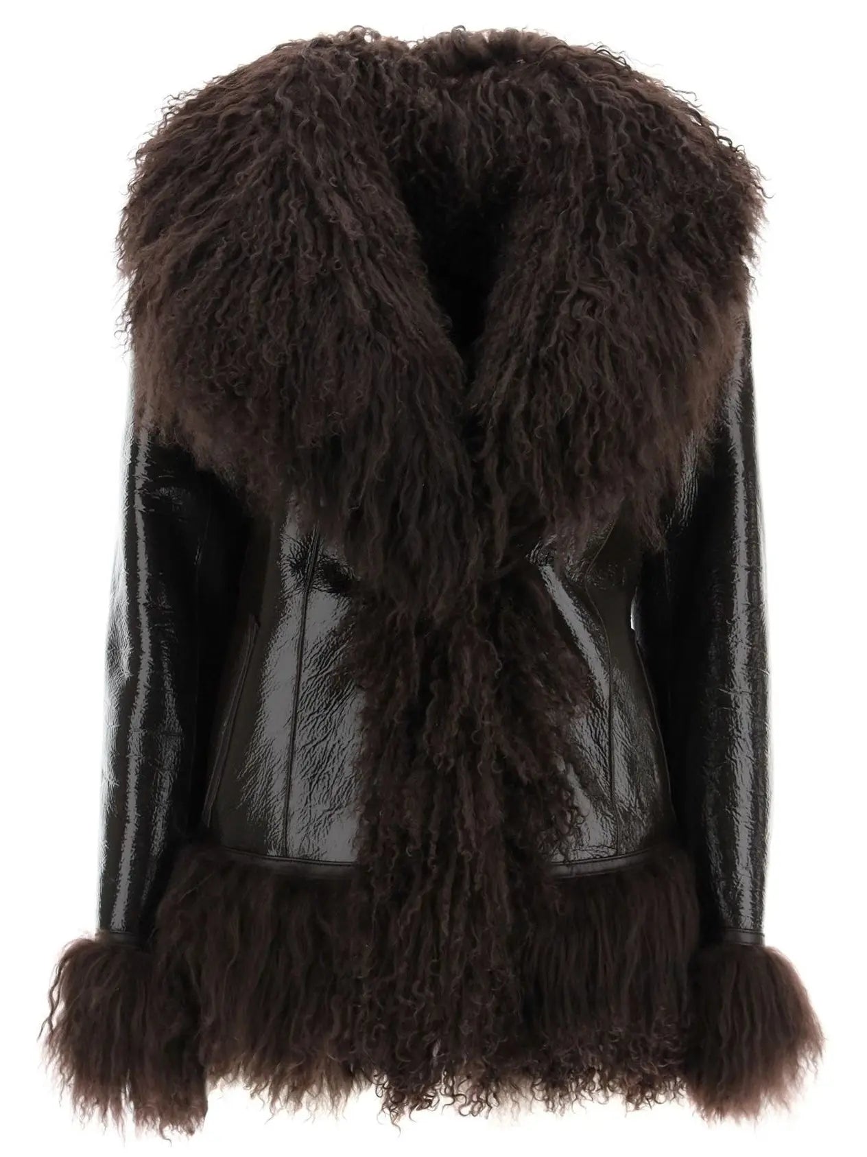 Shearling-Fringed Leather Jacket, Black - Branna Couture