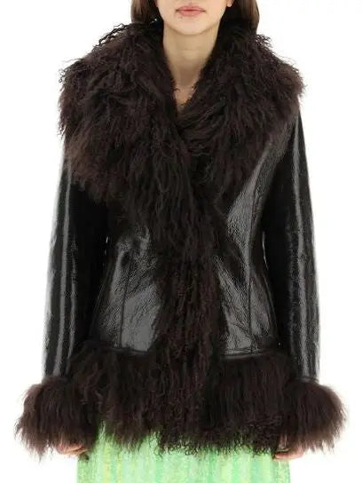 Shearling-Fringed Leather Jacket, Black - Branna Couture