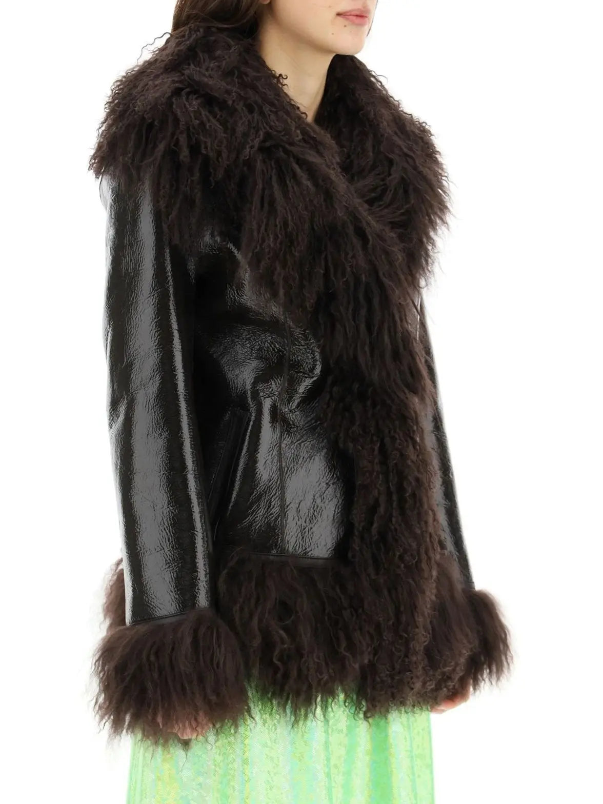 Shearling-Fringed Leather Jacket, Black - Branna Couture