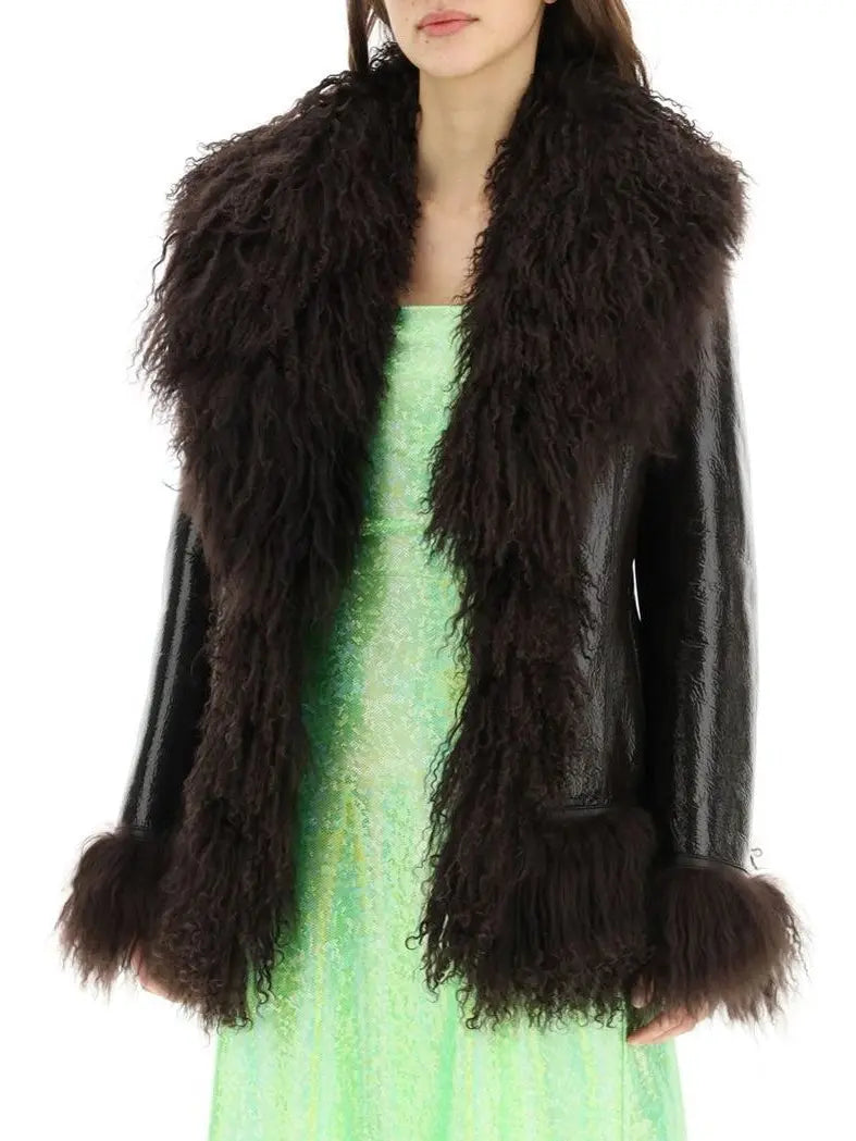 Shearling-Fringed Leather Jacket, Black - Branna Couture