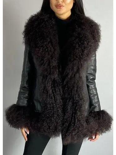 Shearling-Fringed Leather Jacket, Black - Branna Couture