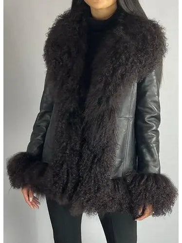 Shearling-Fringed Leather Jacket, Black - Branna Couture