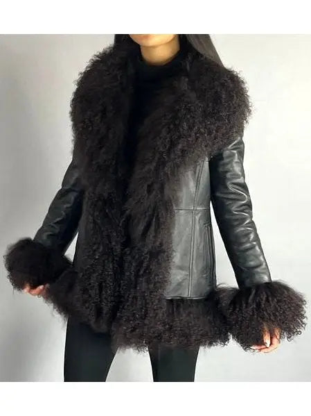 Shearling-Fringed Leather Jacket, Black - Branna Couture