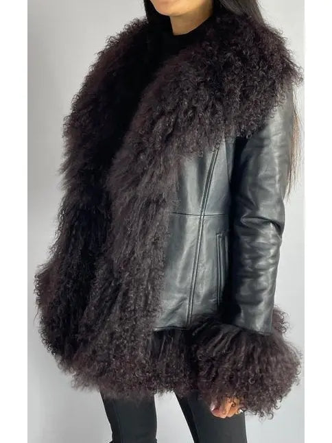 Shearling-Fringed Leather Jacket, Black - Branna Couture