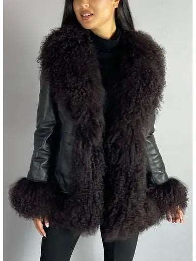 Shearling-Fringed Leather Jacket, Black - Branna Couture