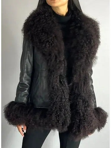 Shearling-Fringed Leather Jacket, Black - Branna Couture