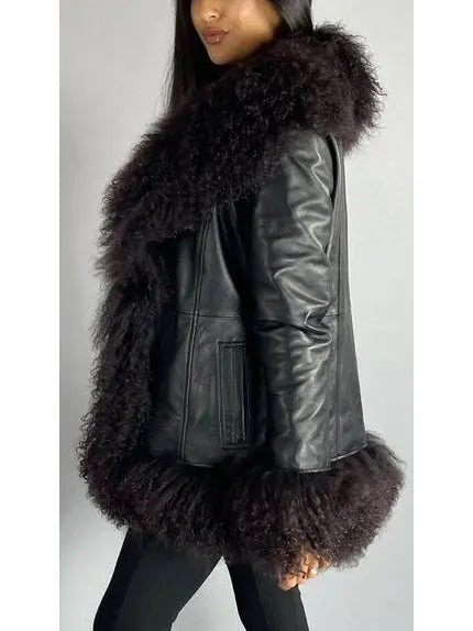 Shearling-Fringed Leather Jacket, Black - Branna Couture