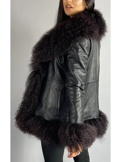 Shearling-Fringed Leather Jacket, Black - Branna Couture