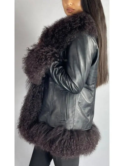 Shearling-Fringed Leather Jacket, Black - Branna Couture