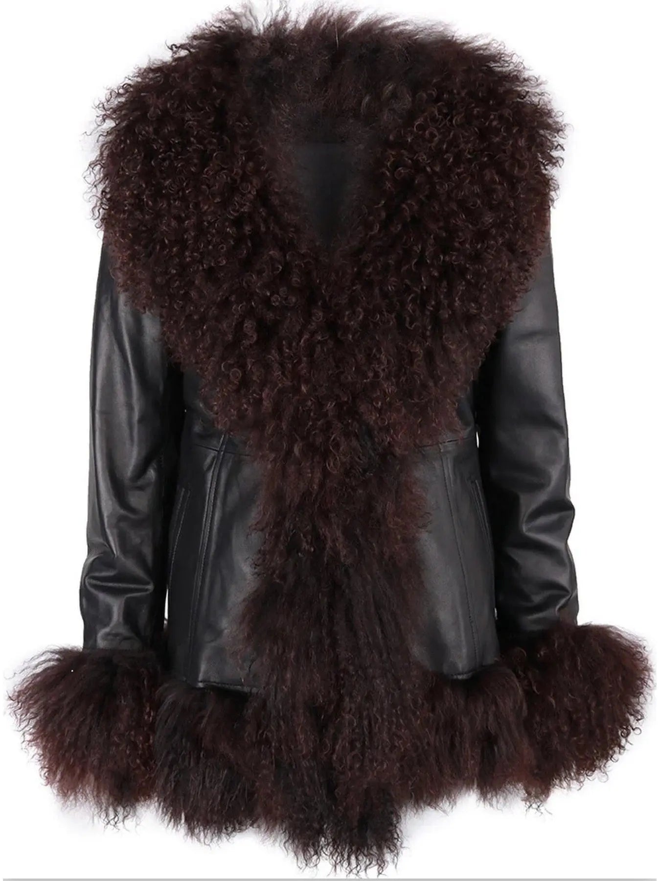 Shearling-Fringed Leather Jacket, Black - Branna Couture