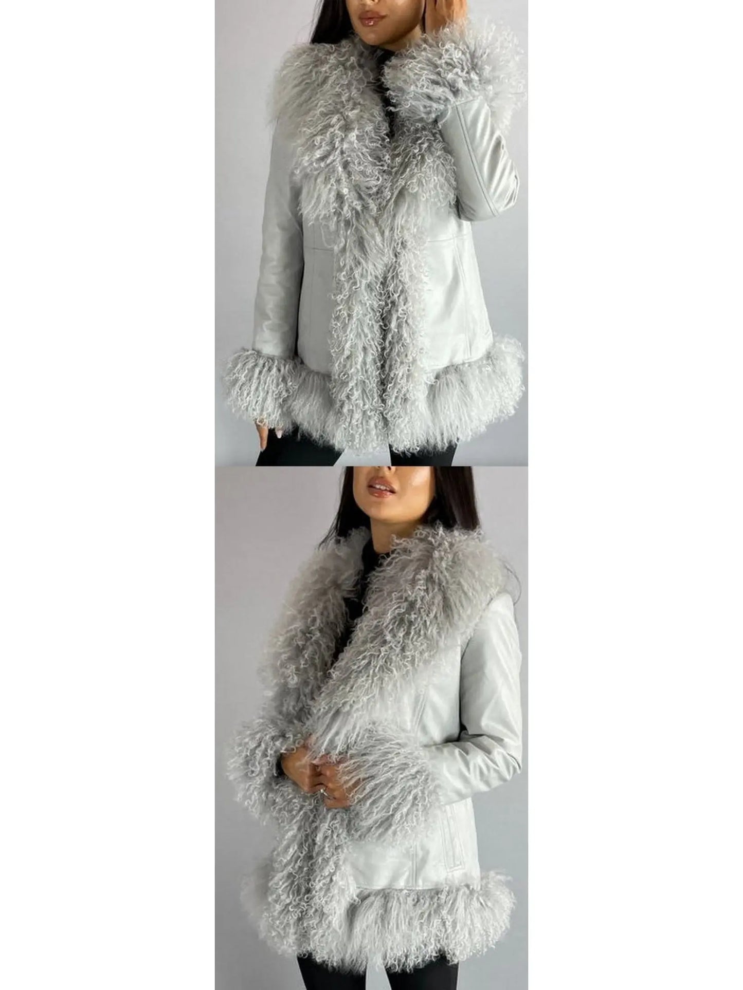 Shearling-Fringed Leather Jacket, Gray - Branna Couture