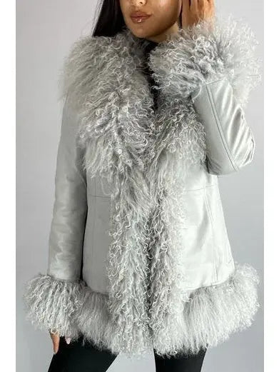 Shearling-Fringed Leather Jacket, Gray - Branna Couture