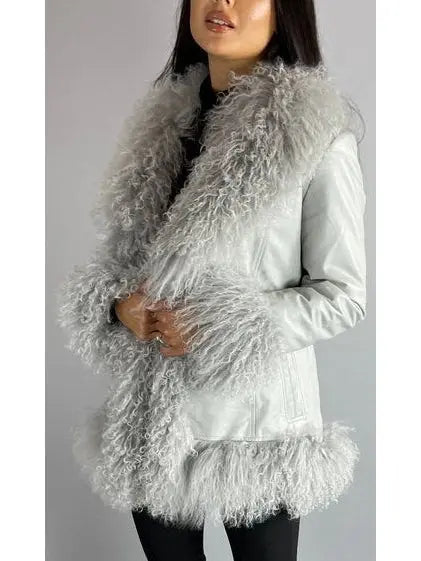 Shearling-Fringed Leather Jacket, Gray - Branna Couture