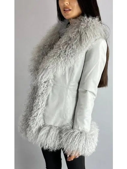 Shearling-Fringed Leather Jacket, Gray - Branna Couture