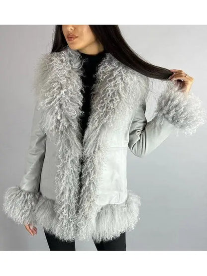 Shearling-Fringed Leather Jacket, Gray - Branna Couture