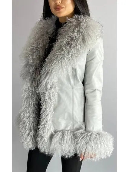 Shearling-Fringed Leather Jacket, Gray - Branna Couture