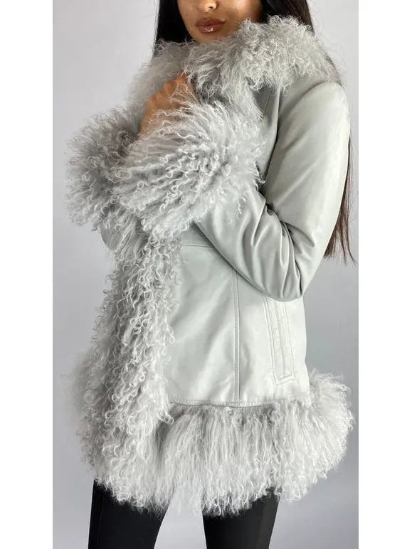 Shearling-Fringed Leather Jacket, Gray - Branna Couture