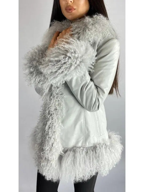 Shearling-Fringed Leather Jacket, Gray - Branna Couture