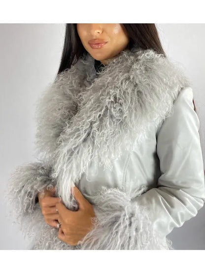 Shearling-Fringed Leather Jacket, Gray - Branna Couture