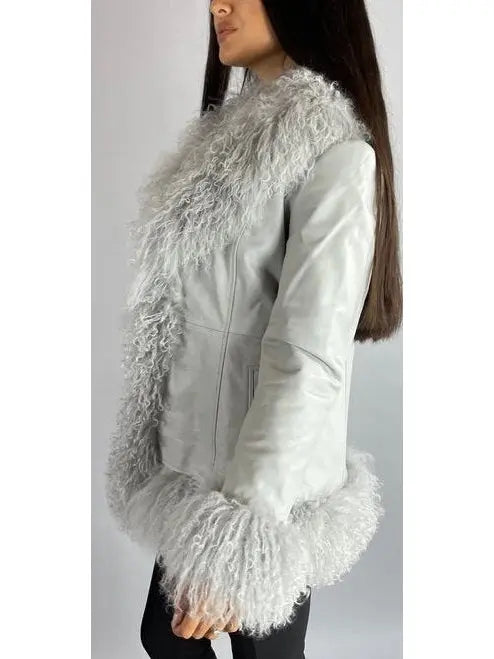 Shearling-Fringed Leather Jacket, Gray - Branna Couture