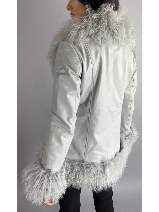 Shearling-Fringed Leather Jacket, Gray - Branna Couture