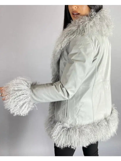 Shearling-Fringed Leather Jacket, Gray - Branna Couture