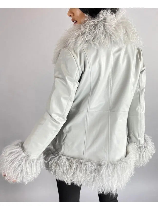 Shearling-Fringed Leather Jacket, Gray - Branna Couture