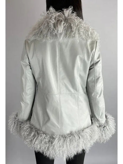 Shearling-Fringed Leather Jacket, Gray - Branna Couture