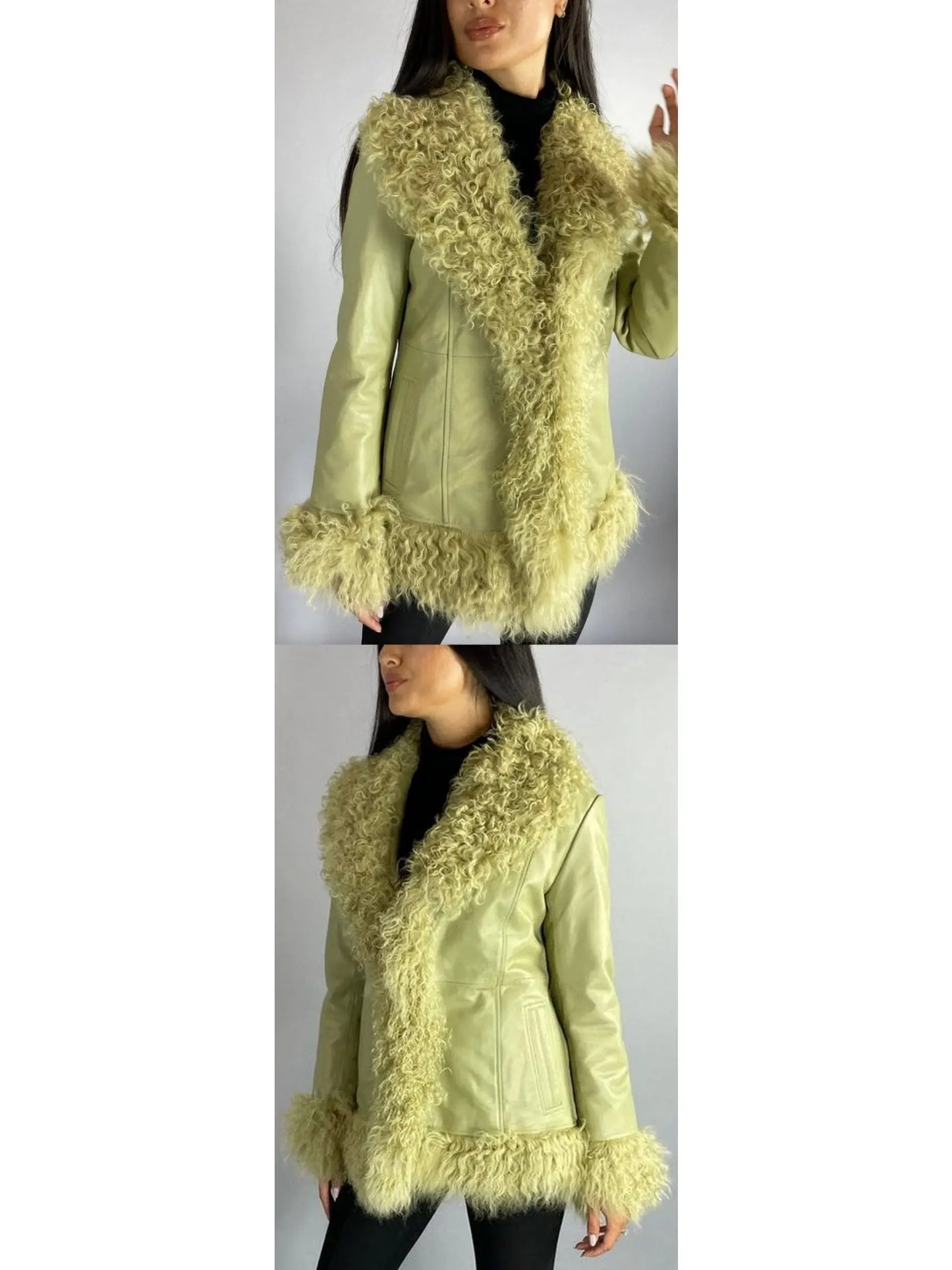 Shearling-Fringed Leather Jacket, Green - Branna Couture