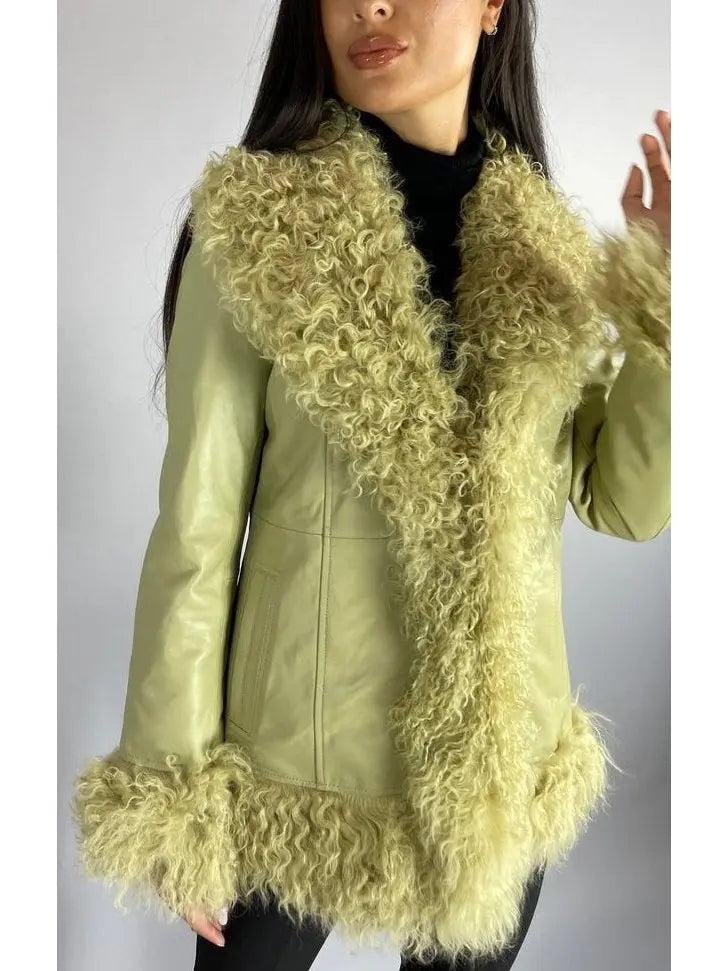 Shearling-Fringed Leather Jacket, Green - Branna Couture