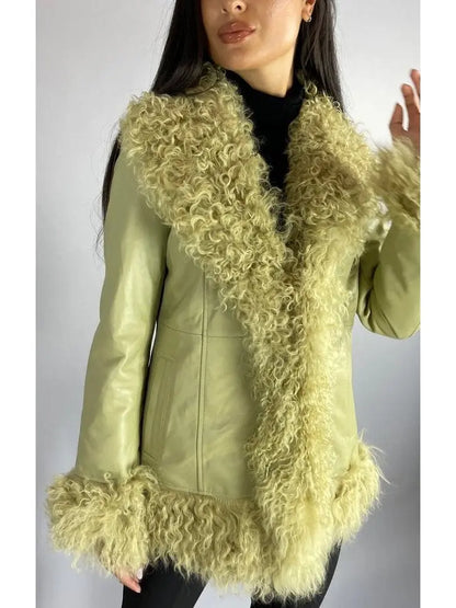 Shearling-Fringed Leather Jacket, Green - Branna Couture