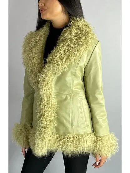 Shearling-Fringed Leather Jacket, Green - Branna Couture