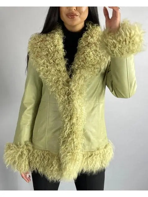 Shearling-Fringed Leather Jacket, Green - Branna Couture