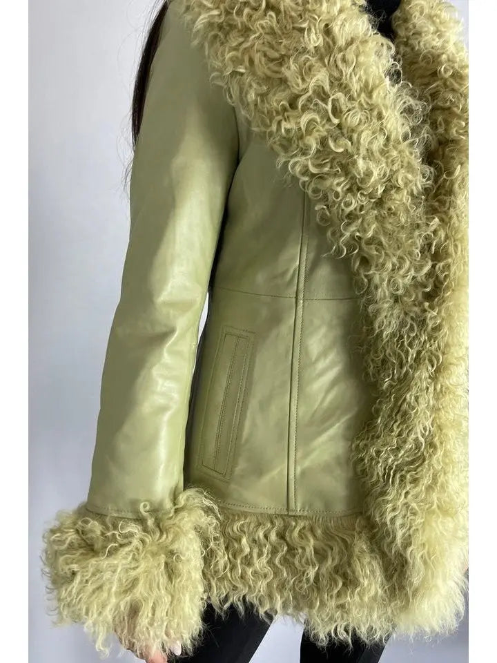 Shearling-Fringed Leather Jacket, Green - Branna Couture