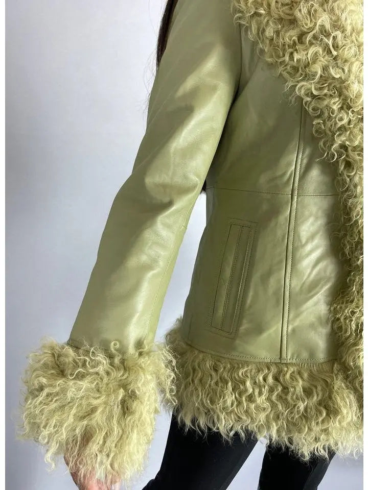 Shearling-Fringed Leather Jacket, Green - Branna Couture