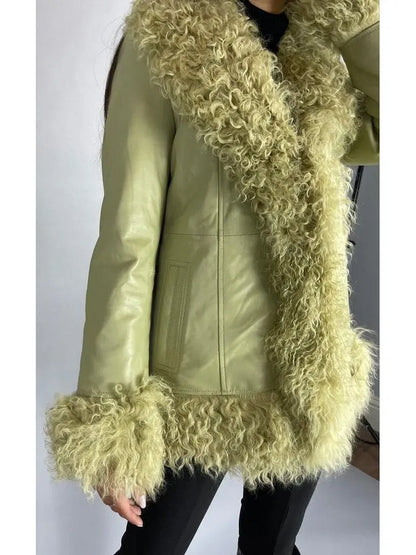 Shearling-Fringed Leather Jacket, Green - Branna Couture