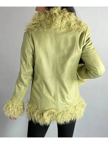 Shearling-Fringed Leather Jacket, Green - Branna Couture