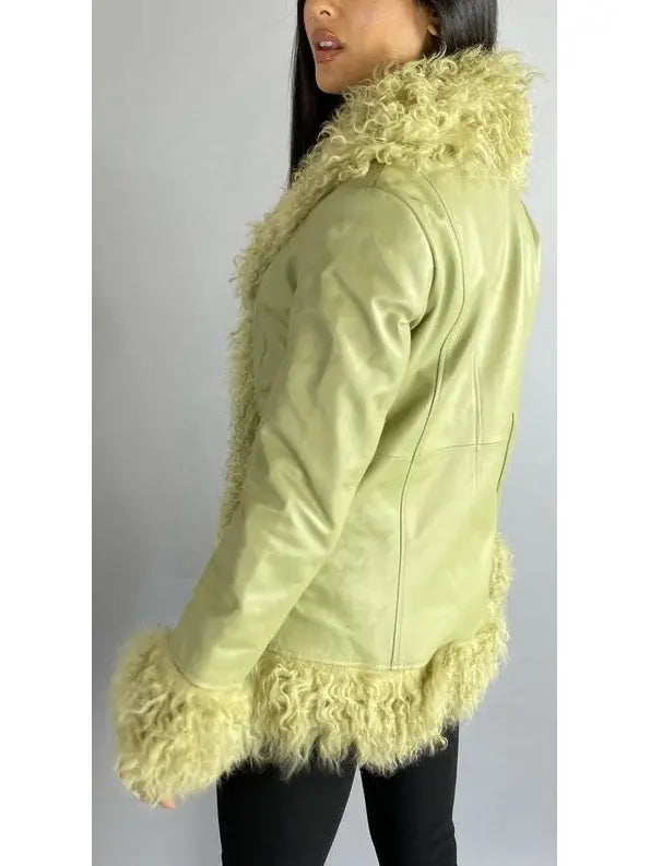 Shearling-Fringed Leather Jacket, Green - Branna Couture