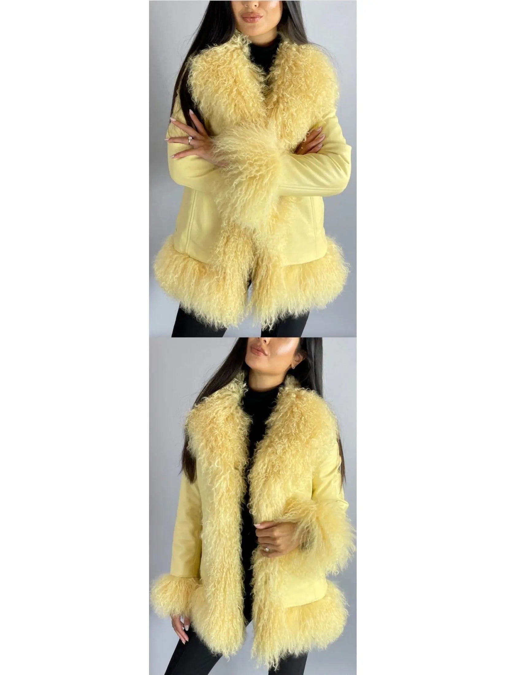 Shearling-Fringed Leather Jacket, Yellow - Branna Couture