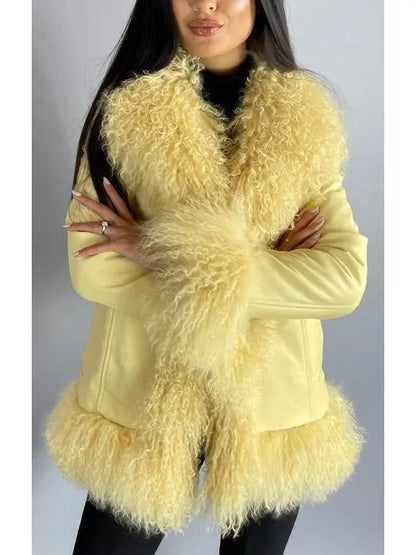 Shearling-Fringed Leather Jacket, Yellow - Branna Couture