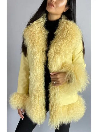 Shearling-Fringed Leather Jacket, Yellow - Branna Couture