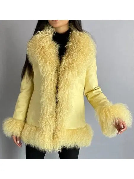 Shearling-Fringed Leather Jacket, Yellow - Branna Couture